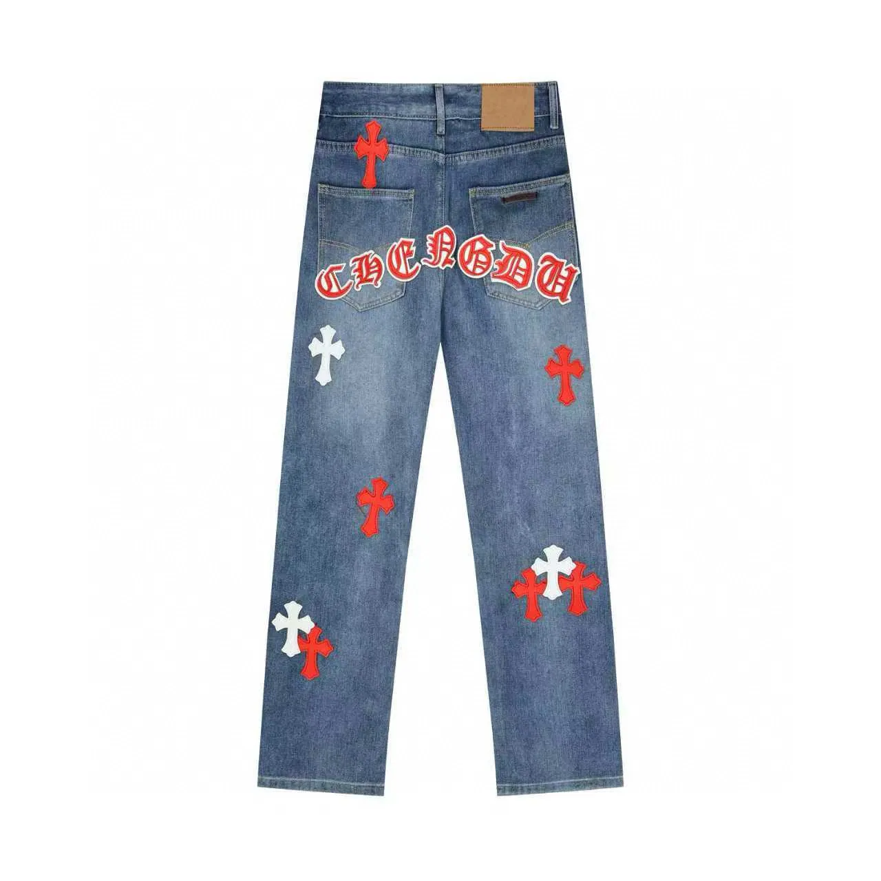 P270 Chrome Hearts/Chrome Hearts Classic Color Leather Cross Washed Color Fabric Unisex Denim Trousers Color: Picture Color Code Number: 28-36